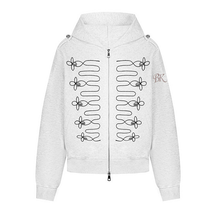 Women's hooded sweatshirt jacket with decorative frogging embroidery and pearl buttons Amarae