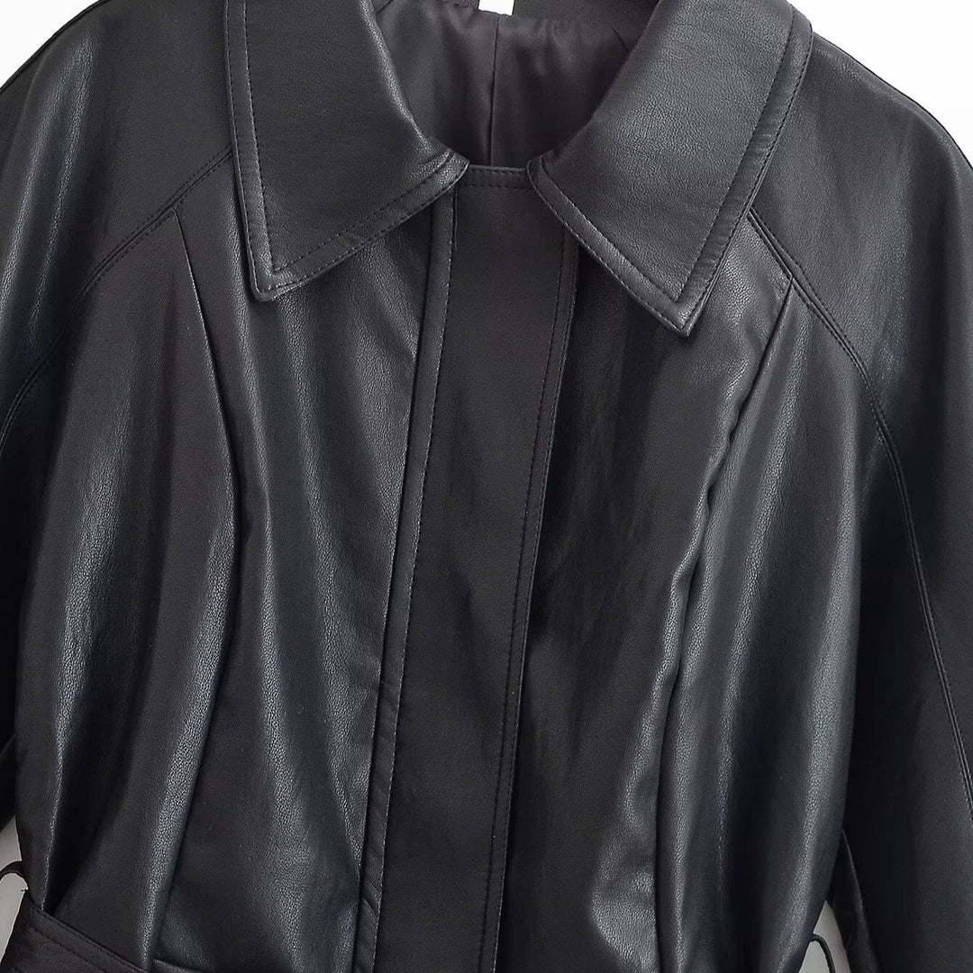 Women's Tailored Leather Look Jacket with Tie Belt and Balloon Sleeves Amarae
