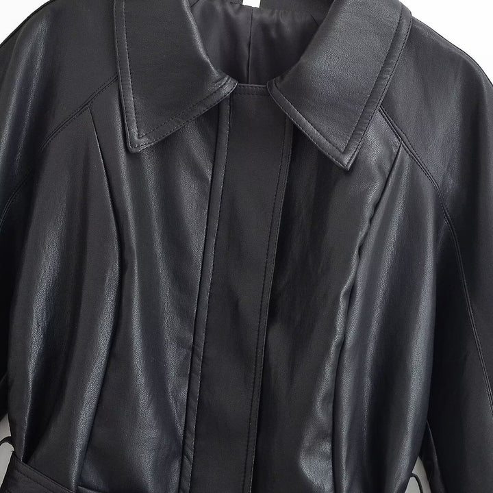 Women's Tailored Leather Look Jacket with Tie Belt and Balloon Sleeves Amarae