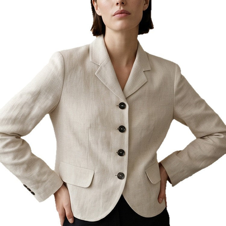 Women's Tailored Linen Blazer with Peplum, Flap Pockets and Full Button Placket Amarae
