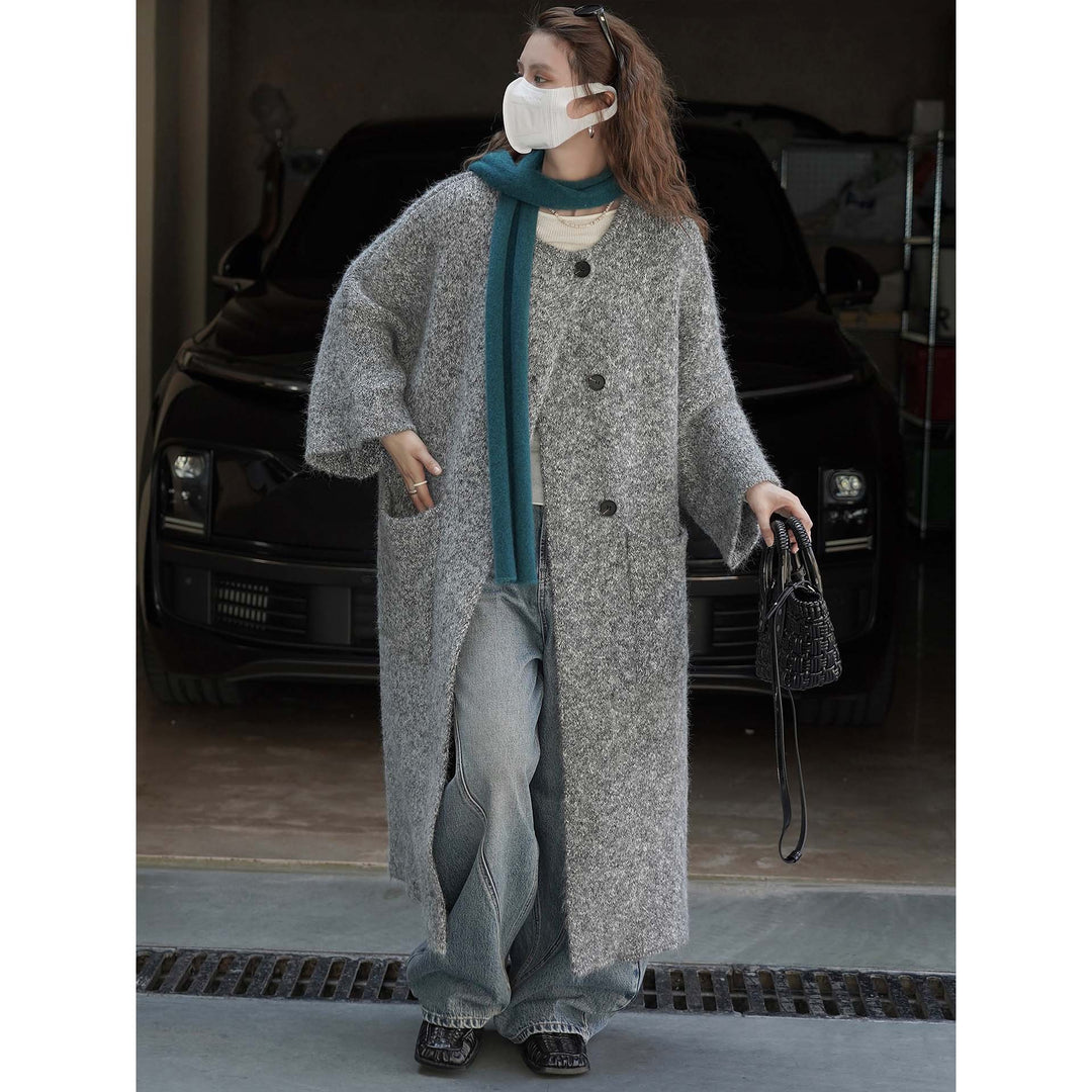 Women’s Long Bouclé Coat in Oversized Style with Discreet Button Placket Amarae