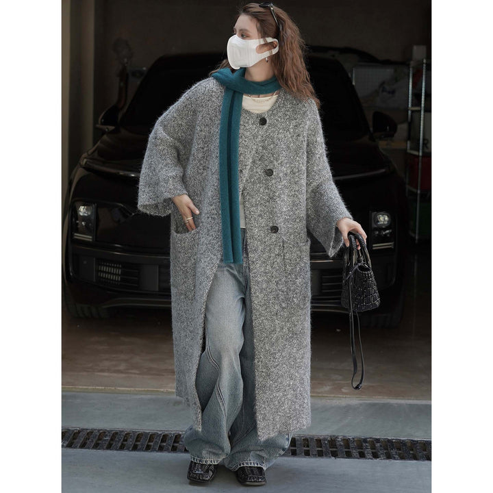 Women’s Long Bouclé Coat in Oversized Style with Discreet Button Placket Amarae