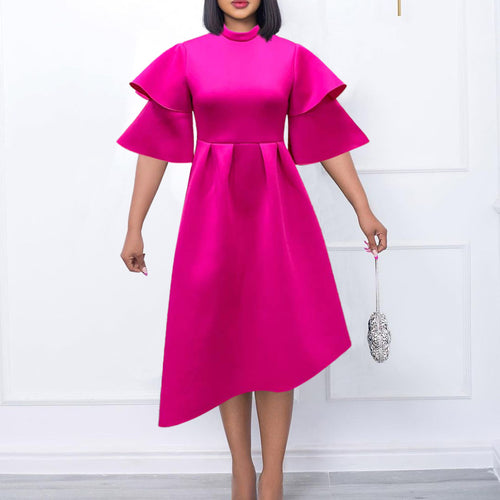 Women Elegant Midi Dress with Ruffles and Puffed Sleeves Amarae