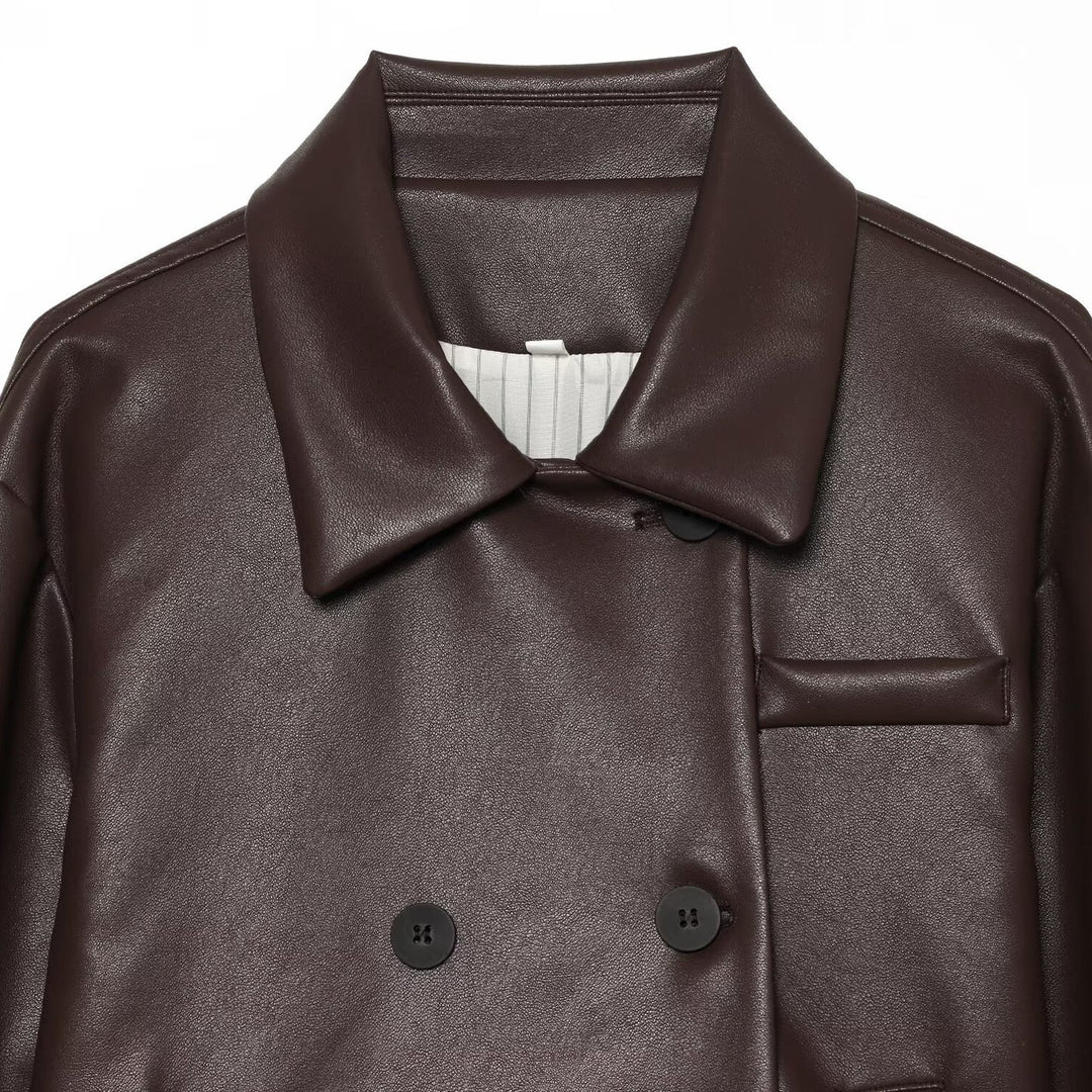 Women's Short Faux Leather Blouson with Double-Breasted Button Placket and Boxy Silhouette Amarae