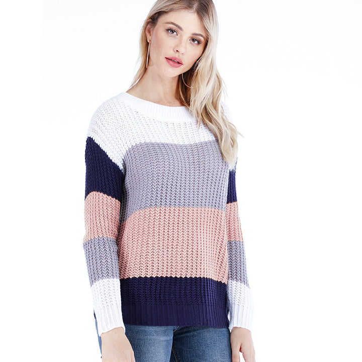 Ladies chunky knit sweater with a trendy striped pattern and a loose fit Lune London