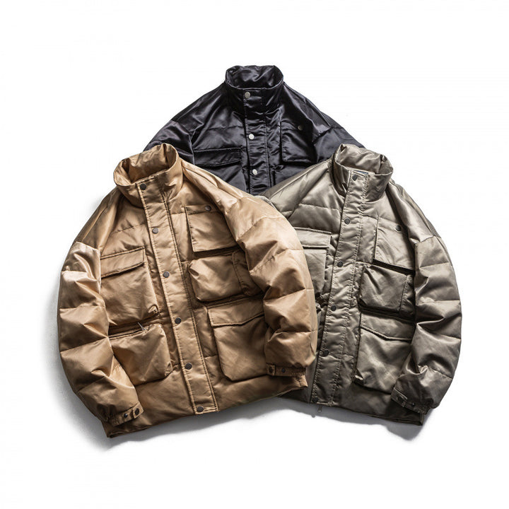 Unisex Padded Field Jacket in Boxy Cut with Multiple Pockets and Stand-Up Collar Amarae