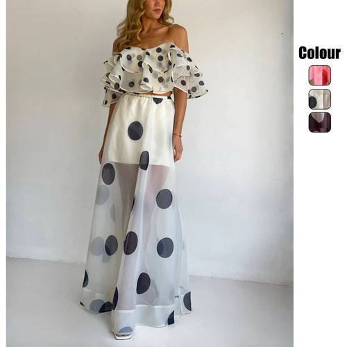 Ladies' maxi skirt set with off-shoulder top and playful ruffle design