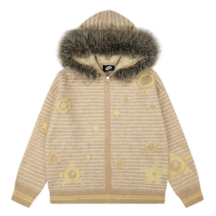 Women's Hooded Cardigan with Fur Trim, Striped Mohair Look and Star Appliqués Amarae