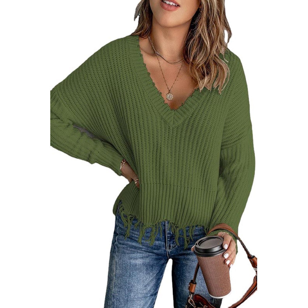 Casual V neck sweater for women with fringes and textured knit Lune London