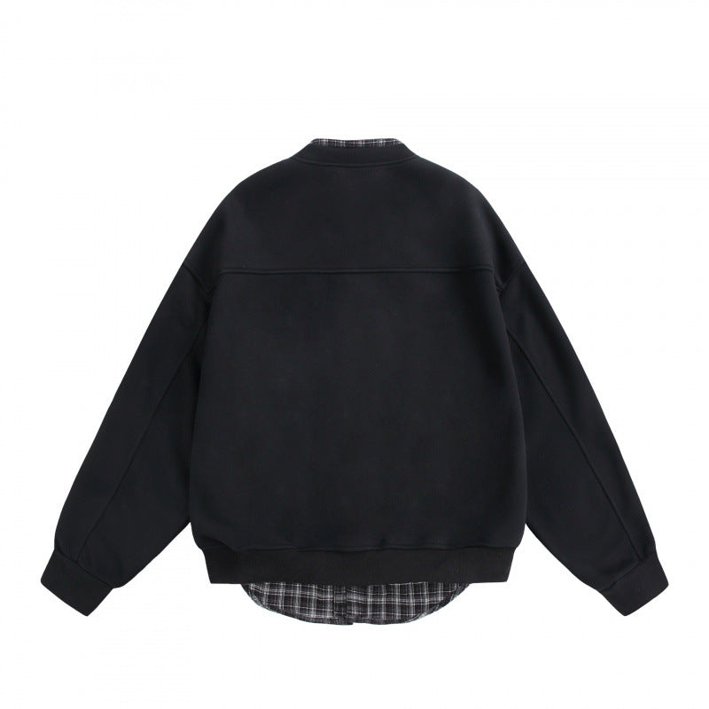 Men's Oversized College-Style Sweat Jacket with Concealed Snap Button Placket and Checked Lining Amarae