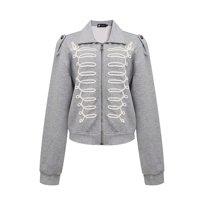 Ladies sweat jacket with decorative drawstring, zipper and shoulder patches Amarae