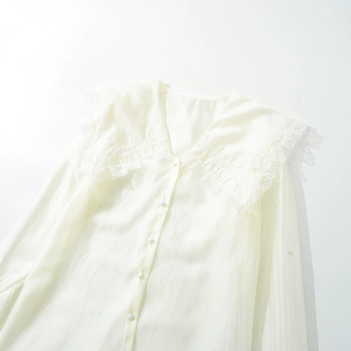 Women's blouse with large lace collar and tiered trumpet sleeves Amarae