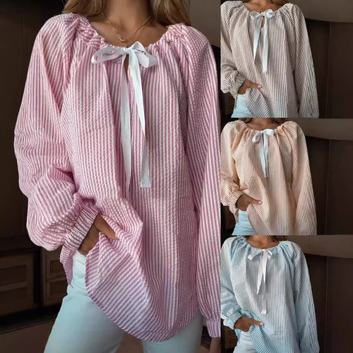 Ladies' blouse with elastic neckline and bow tie Amarae