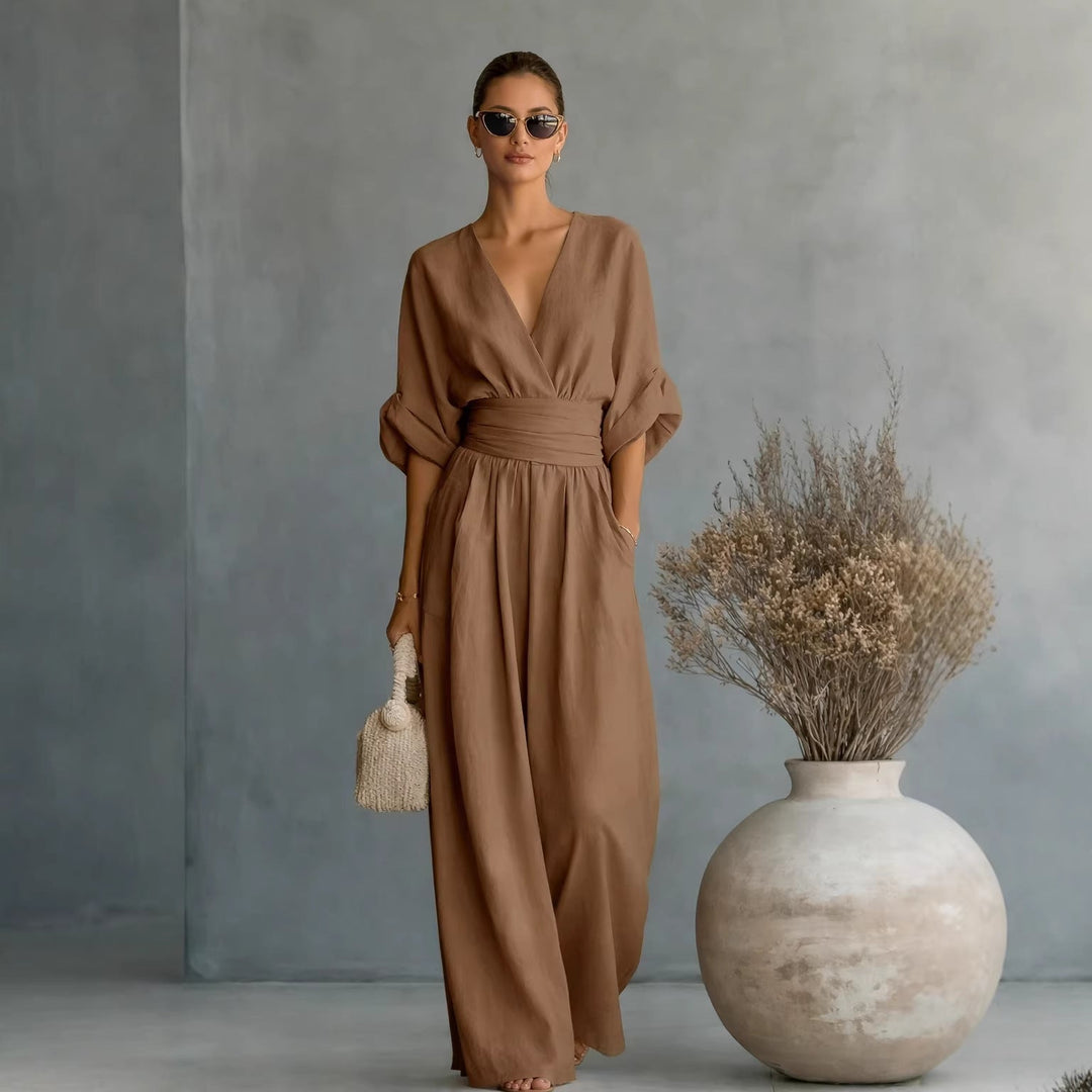 Women Wide Cut Jumpsuit with Elegant Draping and V-Neck Amarae
