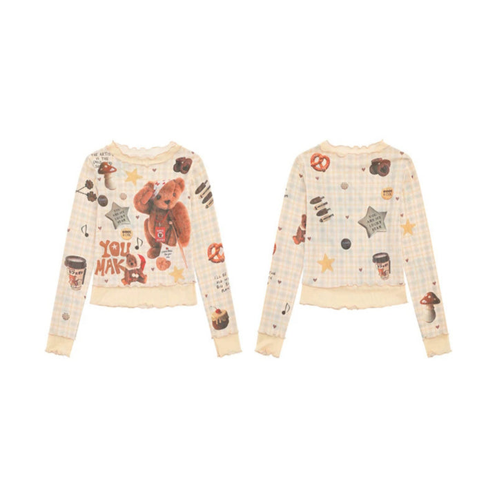 Women's Long Sleeve Mesh Top with Teddy Print and Layered Look Amarae