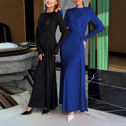 Ladies Elegant Long Dress with Gathered Details and High Collar Amarae