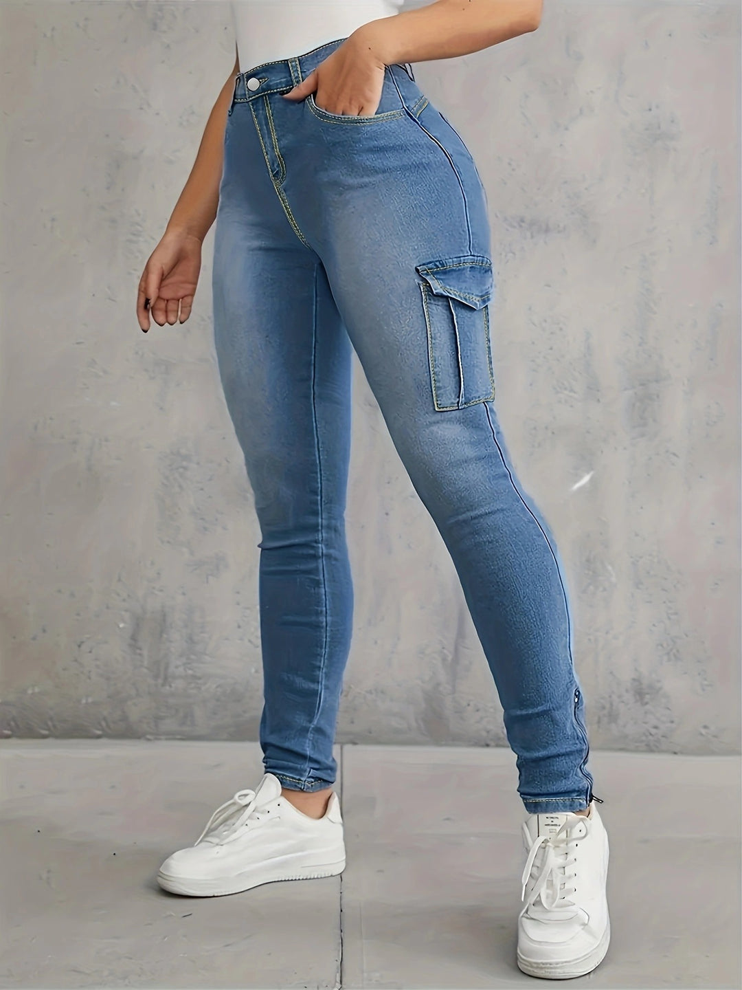 Women's High-waisted Stretch Cargo Jeggings with Slim Fit and Side Cargo Pocket Amarae