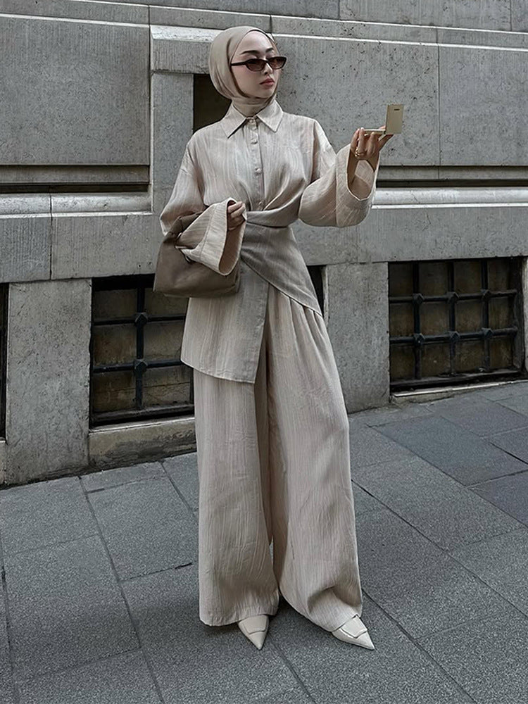Women's casual tunic set with wrap belt and wide palazzo pants Amarae