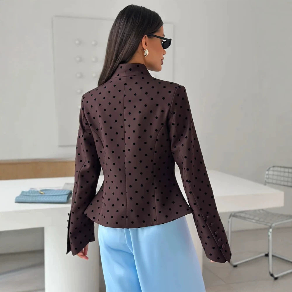 Women's Tailored Stand Collar Blazer with Polka Dot Pattern and Concealed Button Placket Amarae