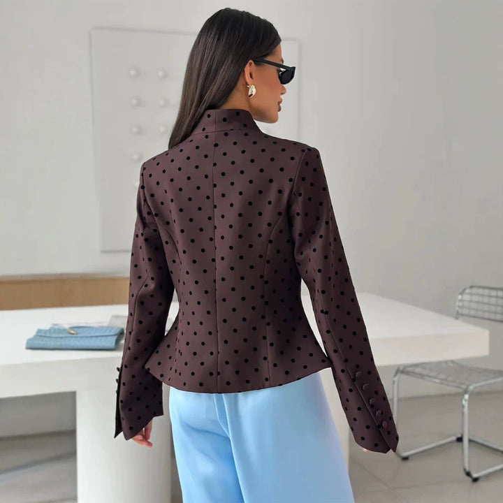 Women's Tailored Stand Collar Blazer with Polka Dot Pattern and Concealed Button Placket Amarae