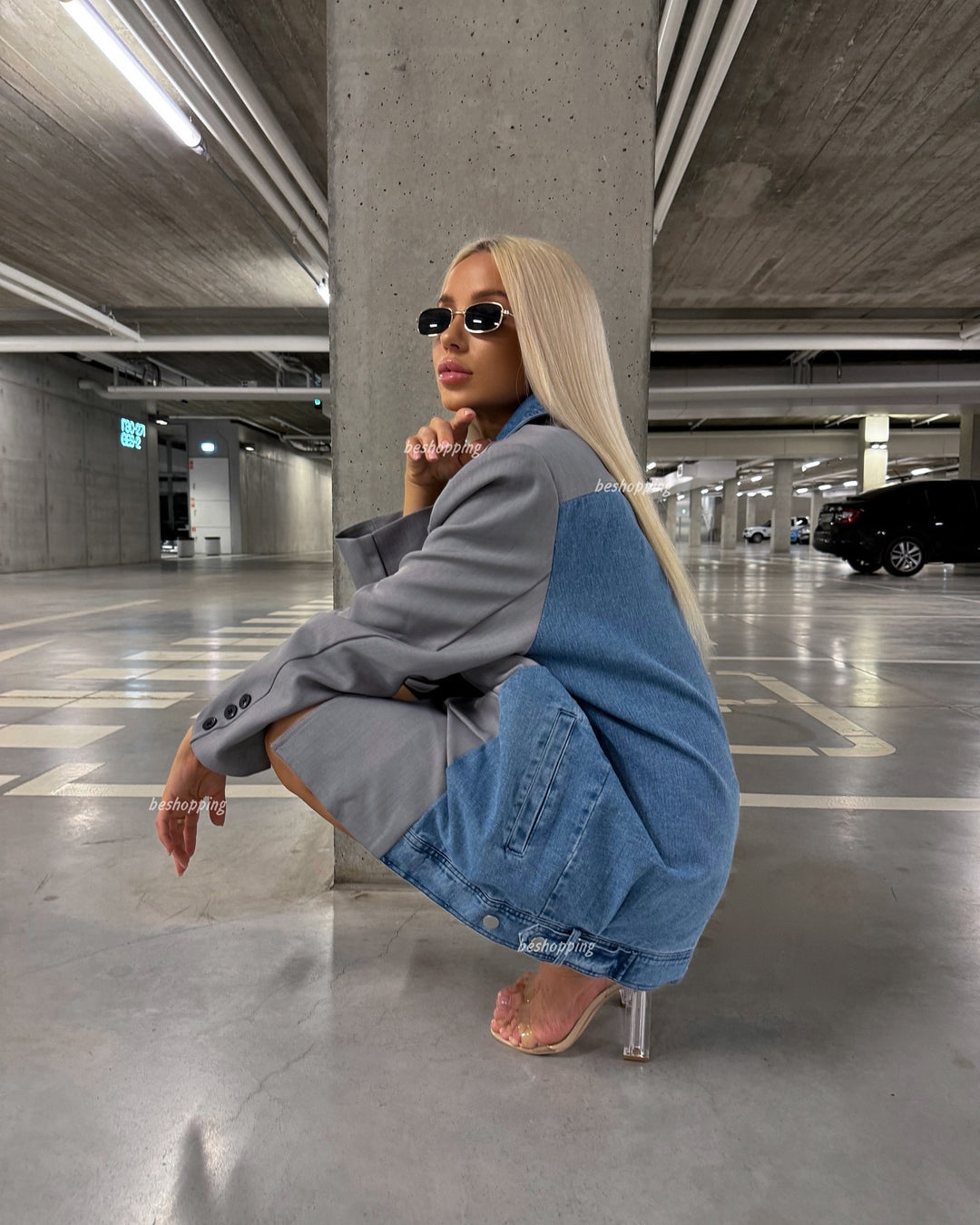 Modern blazer jacket for women with an innovative denim design and chic stylish details