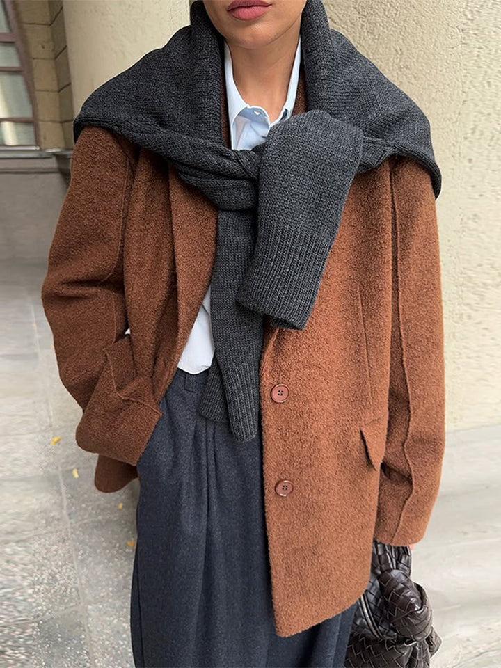 Women Boxy Wool Blend Short Coat with Textured Surface, Notched Collar & Flap Pockets Amarae