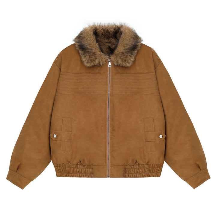 Women's Cropped Bomber Jacket with Faux Fur Collar, Zipper and Elastic Hem Amarae