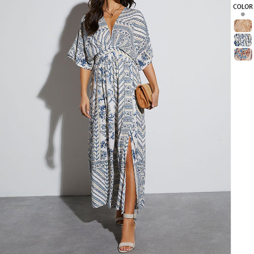 Women's maxi dress with exciting wrap design and voluminous sleeves
