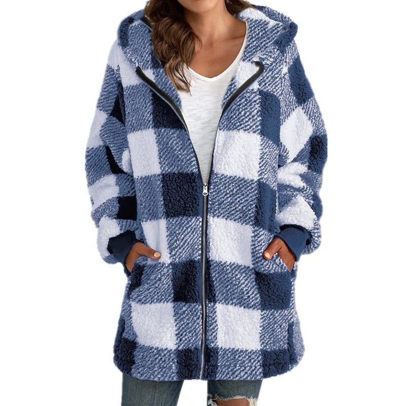 Women's Checked Teddy Fleece Coat with Hood and Zipper Amarae