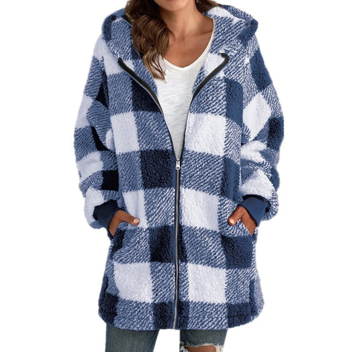 Women's Checked Teddy Fleece Coat with Hood and Zipper Amarae