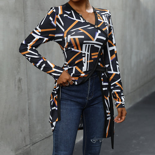 Long blouse with sleeves for women with geometric design and buttoned plastron Amarae