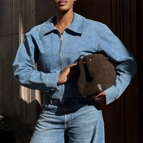 Women's short-cut denim jacket with zip and defined shoulder line Amarae