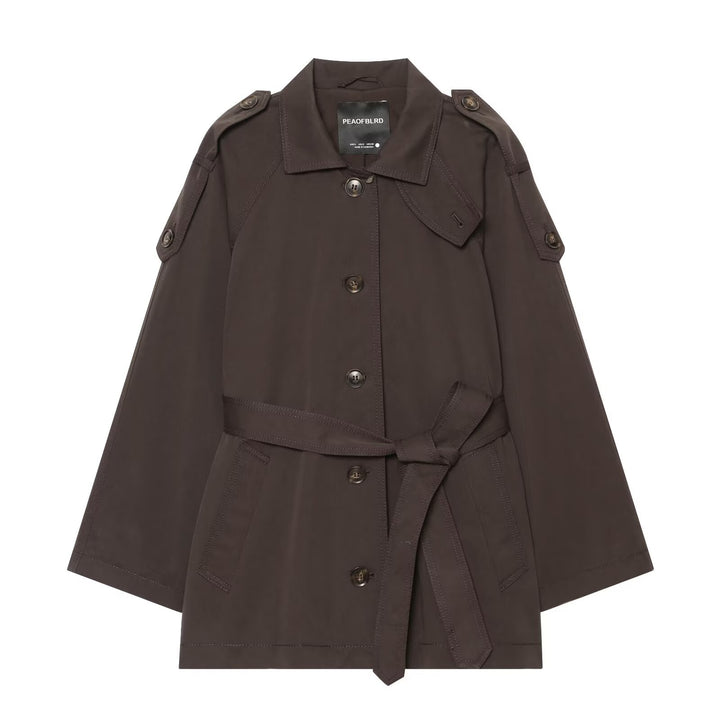 Women Short Trench Cape with Waist Belt, Epaulettes and Patch Pockets Amarae
