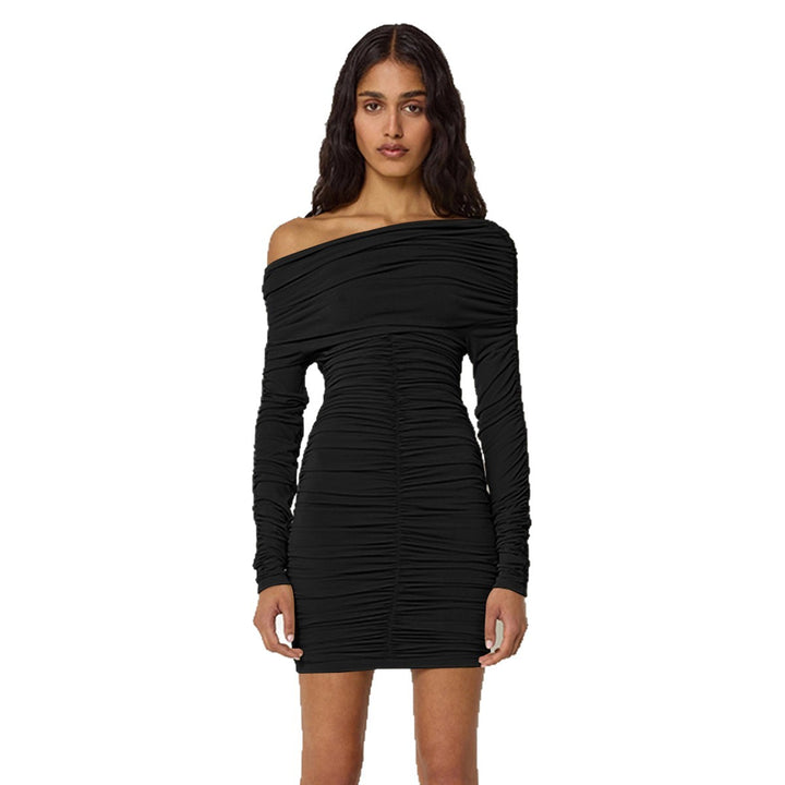 Women's Figure-Hugging Off-Shoulder Dress with Ruching and Long Sleeves Lune London