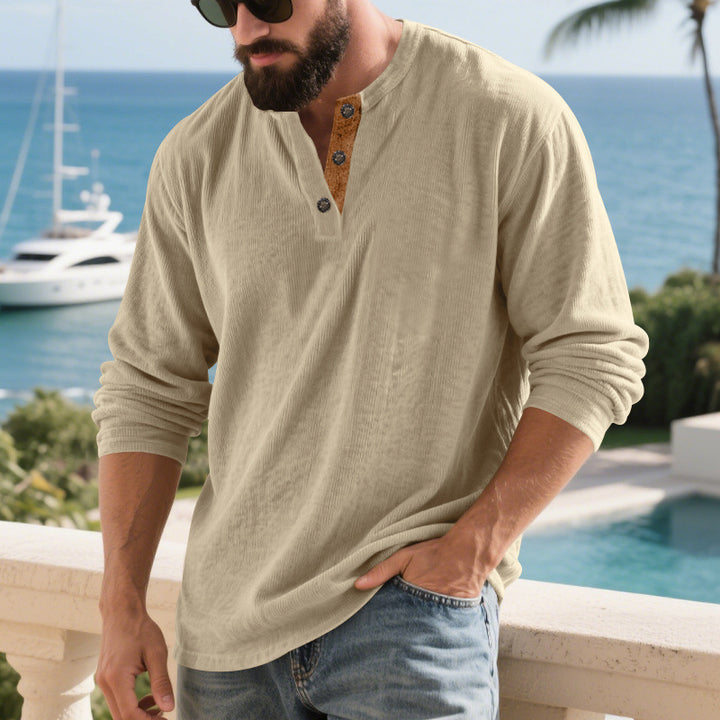 Men's long sleeve Henley shirt with textured fabric and trendy button details Lune London