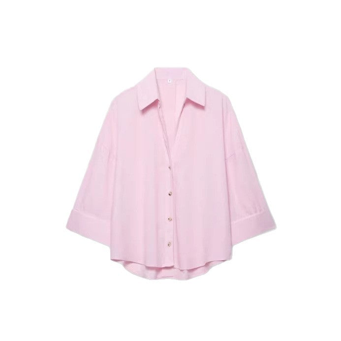 Women's Lightweight Oversized Linen Look Blouse with Three-Quarter Sleeves and Full Button Placket Amarae