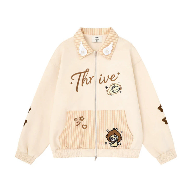 Women's zip sweat jacket with striped collar, front pockets and cute embroidery Amarae
