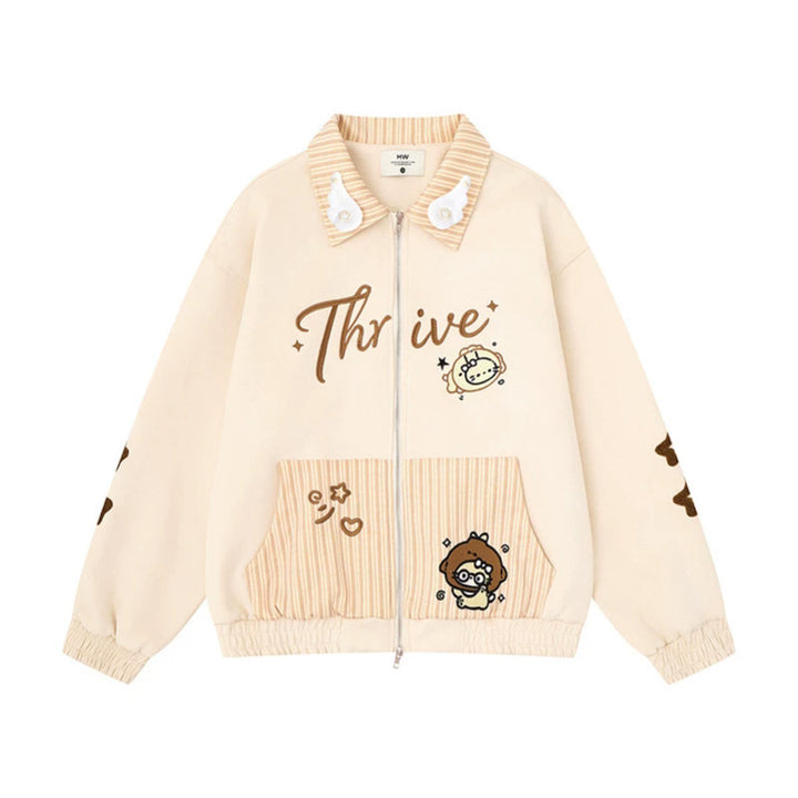 Women's zip sweat jacket with striped collar, front pockets and cute embroidery Amarae