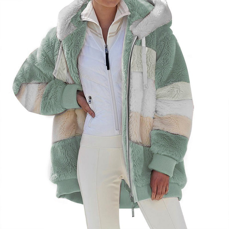 Women's Striped Oversized Teddy Jacket with Hood, Zipper and Ribbed Cuffs Amarae
