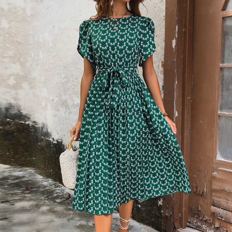 Midi dress for women with a belt at the waist and puff sleeves Lune London