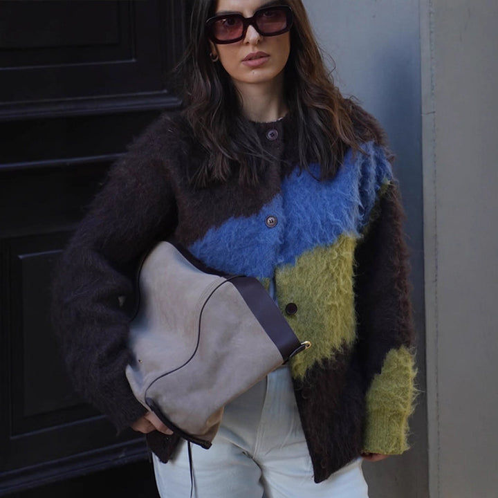 Women's Oversize Mohair-Blend Cardigan with Abstract Color Block and Button Placket Amarae
