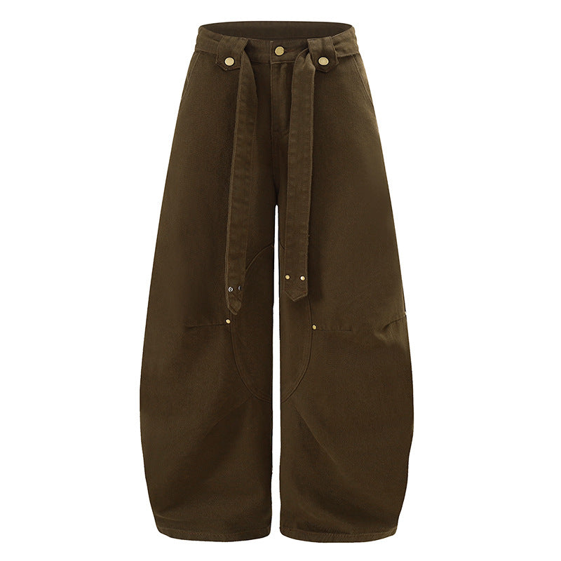 Women's Extra Wide High-Waist Palazzo Pants with Decorative Knee Patch, Tied Belt and Culotte Cut Amarae