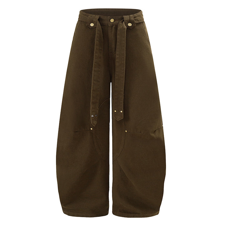 Women's Extra Wide High-Waist Palazzo Pants with Decorative Knee Patch, Tied Belt and Culotte Cut Amarae