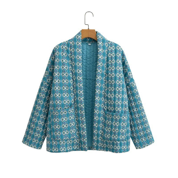 Women Quilted Kimono Overlay Jacket with Open Cut and Patch Pockets Amarae