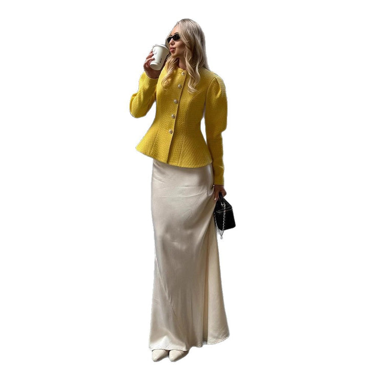 Women Tailored Bouclé Peplum Blazer with Decorative Buttons Amarae