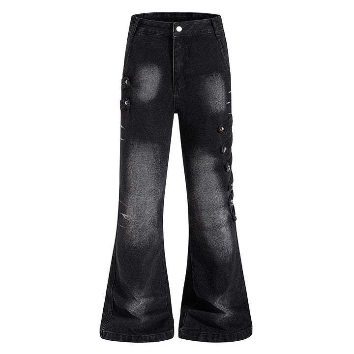 Ladies Wide Jeans Pants with Used Effect and Side Decorative Button Strips Amarae