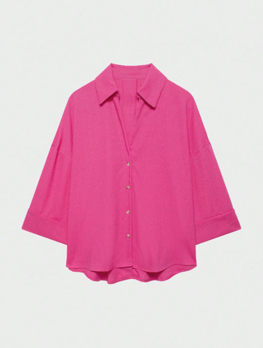Women's Lightweight Oversized Linen Look Blouse with Three-Quarter Sleeves and Full Button Placket Amarae