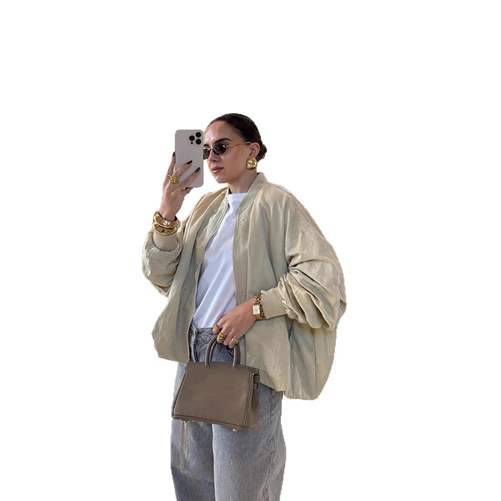 Women Oversize Bomber Jacket with drawstring, ribbed cuffs and lightweight nylon finish Amarae