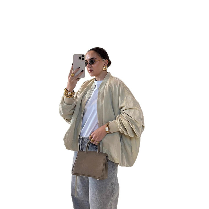 Women Oversize Bomber Jacket with drawstring, ribbed cuffs and lightweight nylon finish Amarae