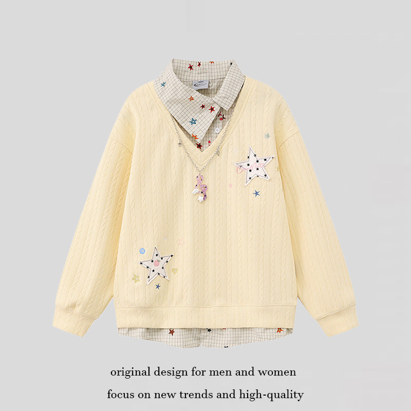 Women's Layered-Look Knit Sweater with Attached Shirt Placket, Star Appliqués and Chain Charm Amarae